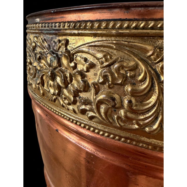 Antique Copper & Repoussé Brass Victorian-Style Wastepaper Basket / Decorative Waste Bin For Sale In Greensboro - Image 6 of 10