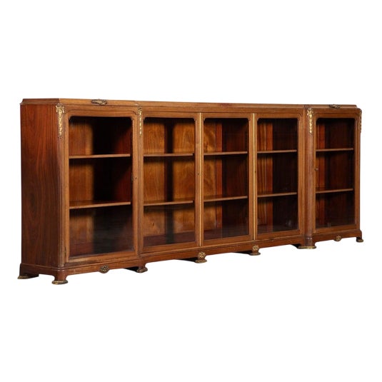 French Monumental Walnut Breakfront Glazed Bookcase, 1870s For Sale