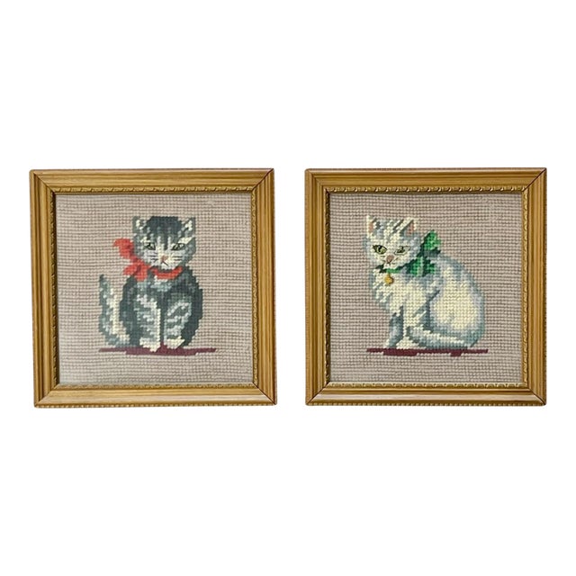 Pair Vintage Framed Needlepoint Cat Kitten Portraits With Bows For Sale