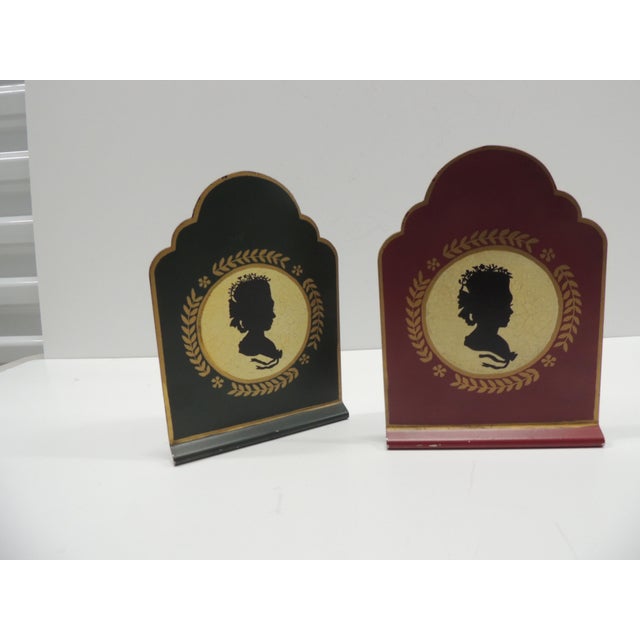 Vintage Red and Black English Toleware Silhouettes Bookends. Signed by the artist. Size: 4.75"W x 6.75"H x 5"D