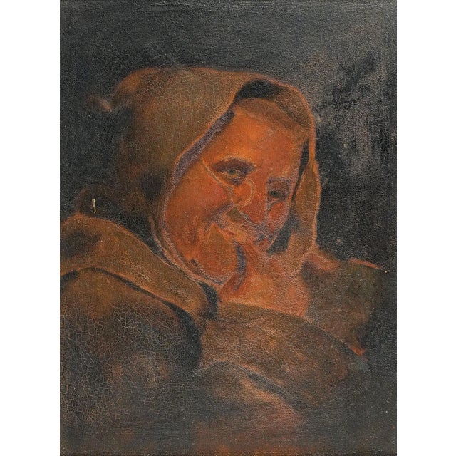 Rich in warmth, character, and old-world charm, this captivating 19th-century oil painting on wood board depicts a...
