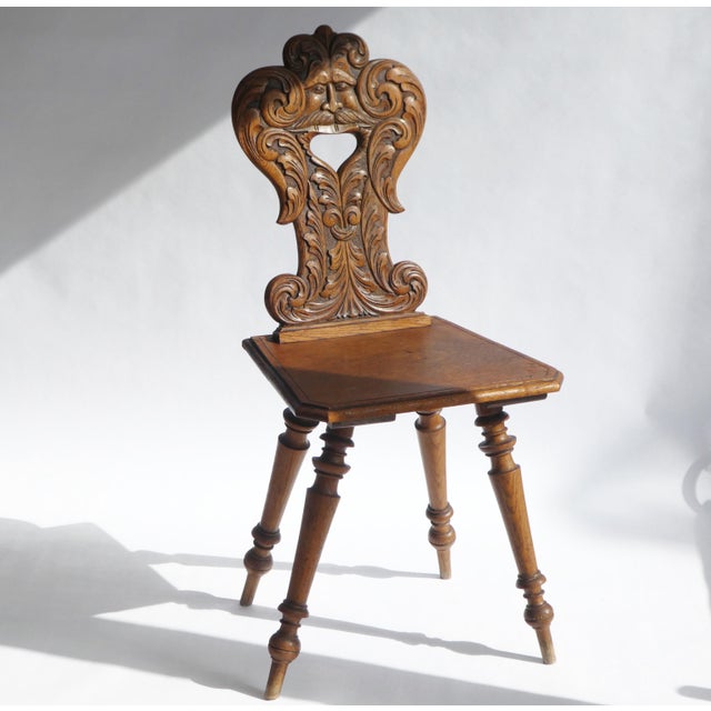 Antique Alpine Folk Art Oak Chair with Carved Face Mask For Sale - Image 10 of 10