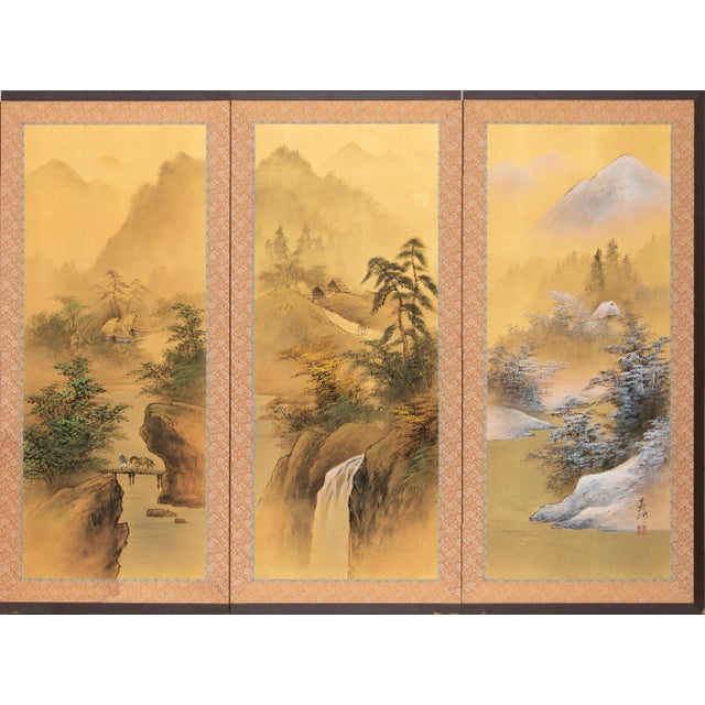 Japanese "Four Seasons", 1960s Showa Era Japanese Painted Silk Byobu Screen For Sale - Image 3 of 18