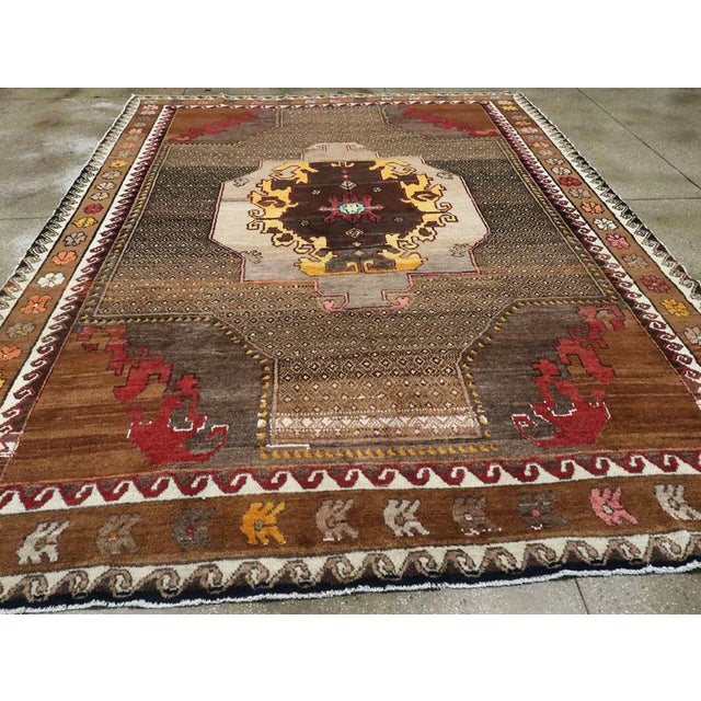 Mid 20th Century Galerie Shabab Collection Mid-20th Century Handmade Turkish Tribal Room Size Rug in Brown Yellow and Red For Sale - Image 5 of 10