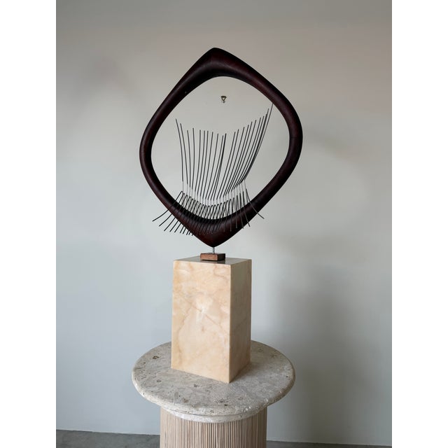 Mid-Century Modern 1970s Mid-Century Modern Barbara Hepworth-Style Wood & Metal Abstract Sculpture on Marble Base For Sale - Image 3 of 16