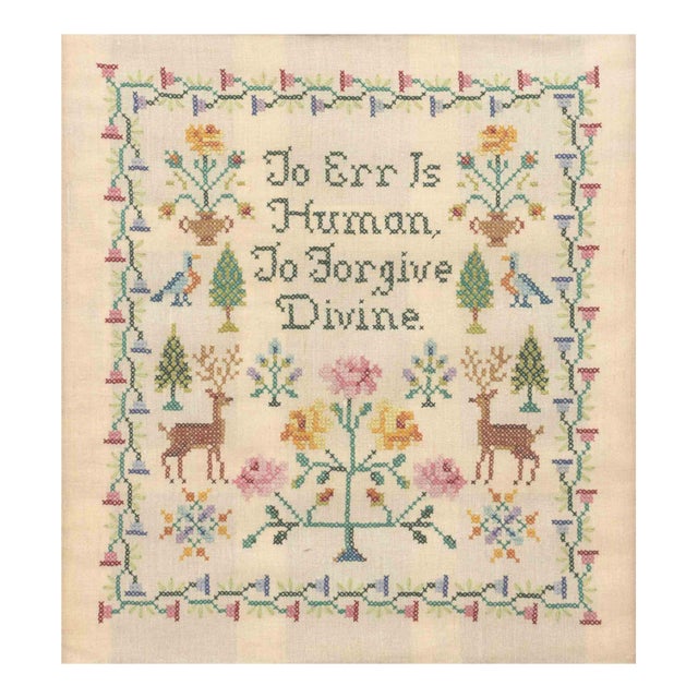 Folk Art " to Err Is Human, to Forgive Divine." Needlework Sampler For Sale