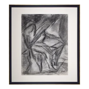 Vintage Cubist Charcoal Drawing of a Seated Figure With Guitar