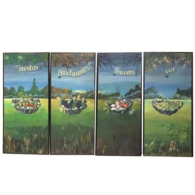 Mid-Century set of 4 Large Scale Four Seasons Paintings were designed for a French bakery, and beautifully and colorfully...