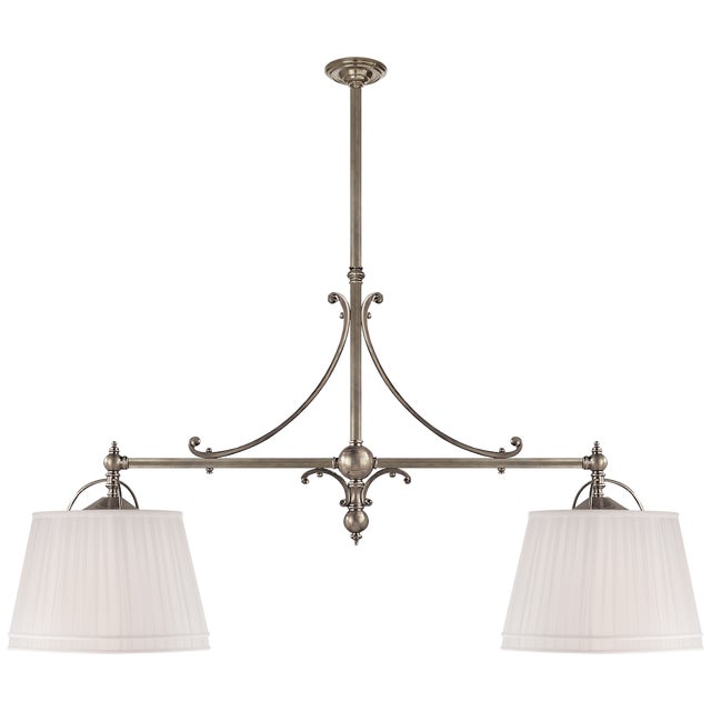 Chapman & Myers for Visual Comfort Signature Sloane Double Shop Pendant in Antique Nickel with Linen Shades For Sale