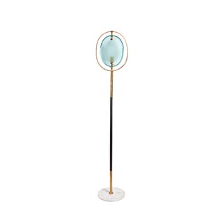 Brass and Black Lacquered Metal Frame Floor Lamp with Marble Base and Glass in the style of Fontana Arte, 1960s For Sale