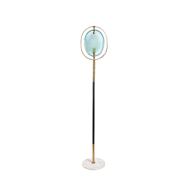 Brass and Black Lacquered Metal Frame Floor Lamp with Marble Base and Glass in the style of Fontana Arte, 1960s For Sale