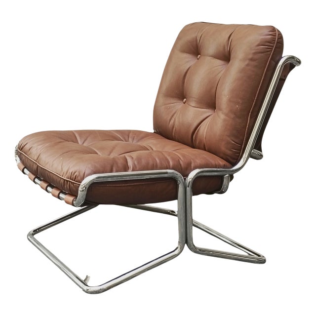 Brown Leather Lounge Armchair with Chrome-Plated Steel Tubular Frame, Italy, 1970s For Sale