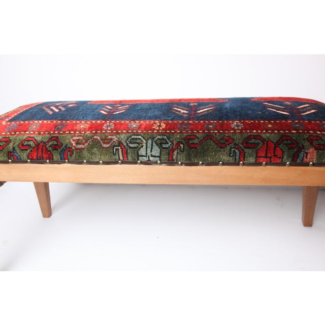 Wood Antique Kazak Wool Rug Upholstered Bench, Rustic Tribal Accent Bench With Wooden Legs For Sale - Image 7 of 11