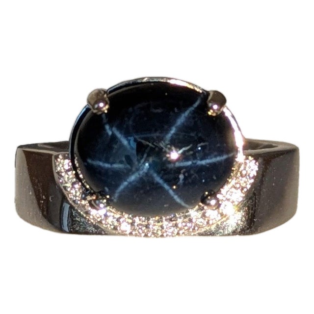 6.15ct Star Sapphire Cabochon & Diamond Ring in 14k White Gold – Oval 11×9mm, Size 6.75 For Sale