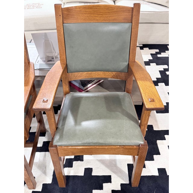 Stickley Late 20th Century Pair of Stickley Mission Oak Leather Cottage Arm Chairs For Sale - Image 4 of 10
