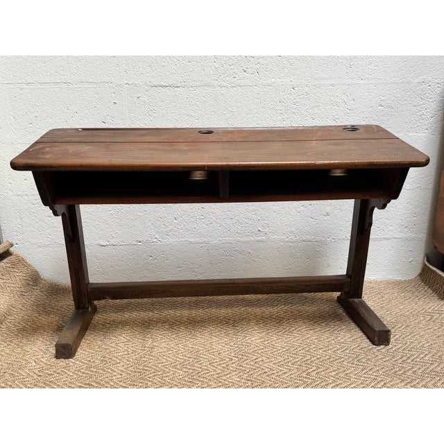 Rustic Antique French Double School Desk with Inkwells, 20th Century, 1890s For Sale - Image 3 of 10