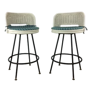 Mid Century Modern White Wicker Swivel Stools With Metal Legs