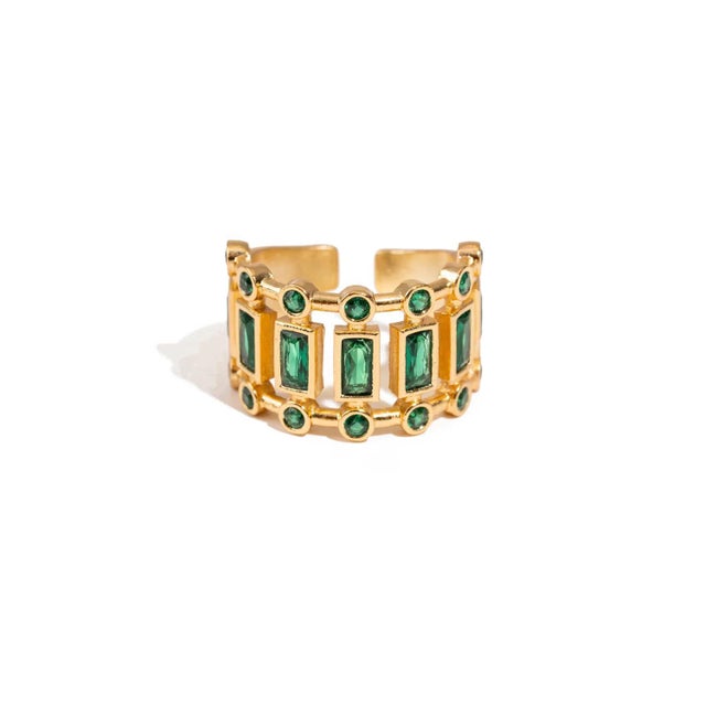 Radiant Majesty Emerald Gold Adjustable Cuff Ring, Size 8 For Sale In Miami - Image 6 of 7