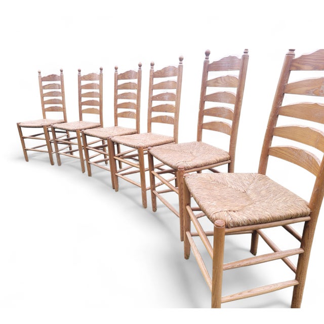Vintage French Farmhouse Ladderback Dining Chairs in Oak with Rush Seats, 1950s, Set of 6 For Sale - Image 12 of 13