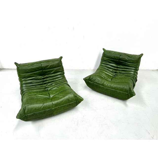 Togo Lounge Chairs in Forest Green Leather by Michel Ducaroy for Ligne Roset, Set of 2 For Sale - Image 9 of 12