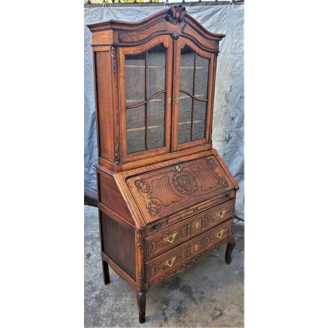 Antique French Country Carved Oak Secretary Desk Bureau With Drop Front