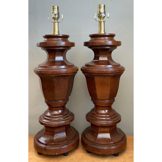 Wood Vintage Faceted Wood Lamps - A Pair For Sale - Image 7 of 14