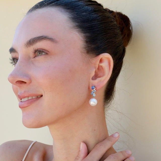 Contemporary Nina Zhou Nosa Sapphire, Aquamarine and Diamond Pearl Drop Earrings in 18k Yellow Gold- 2 pieces For Sale - Image 3 of 10