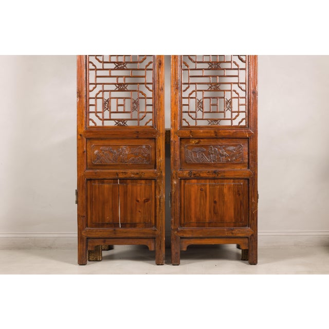 Pair of Antique Chinese Carved Elm Lattice Screens with Figural Motifs For Sale - Image 14 of 18