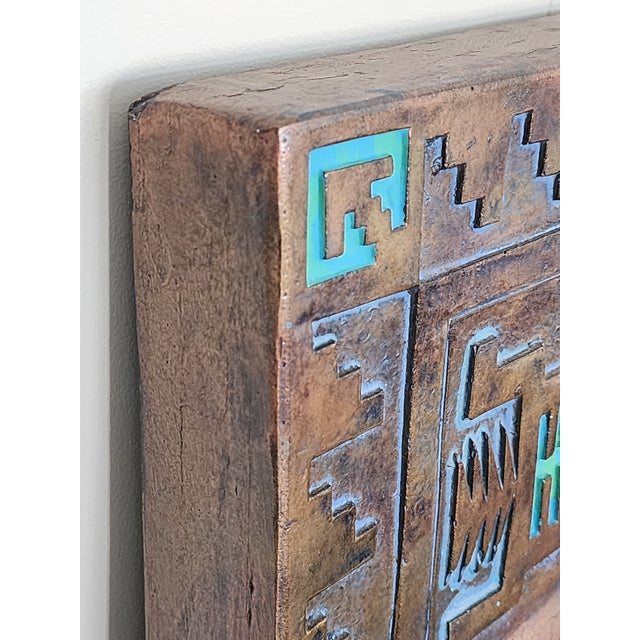 19th Century Artisan Signed Native American Navajo Tribal Diné Carved Turquoise Inlay Wall Mirror For Sale - Image 5 of 12