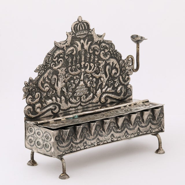 Baroque 19th Century Hand-Worked Repoussé Sterling Oil Lamp Footed Menorah For Sale - Image 14 of 18
