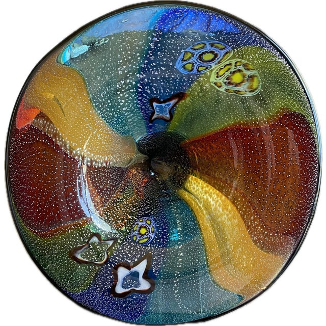 This exquisite 18" Round Murano attributed HAND BLOWN ART GLASS BOWL is a stunning collector's item that exemplifies the...
