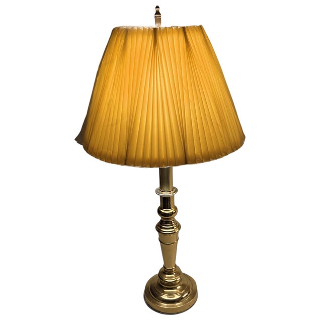 Metal Pair of Vintage Solid Brass Candlestick Table Lamps With Knife-Pleated Shades For Sale - Image 7 of 13