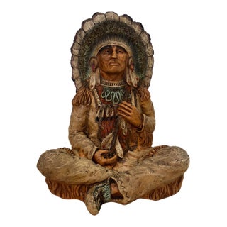Vintage 1973 Hand Carved Wood Native American Indian Chief Statue 24" Signed For Sale