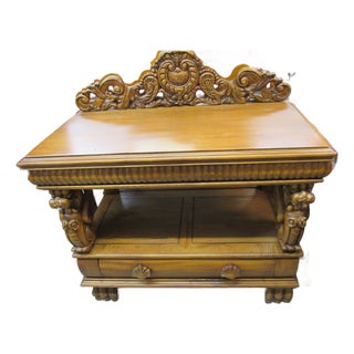 1980s Ornate Traditional Carved Wood Console Table With Decorative Crest For Sale