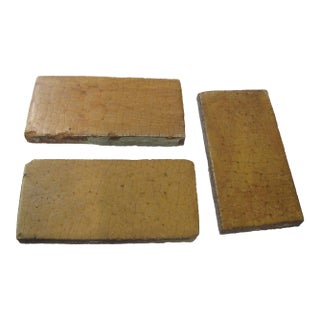 Set of Three Grueby Pottery 6" X 3" Mustard Yellow Tiles Rare 1905 Signed For Sale