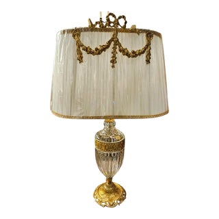 French Empire Crystal Table Lamp – Cut Glass & Gilded Bronze With Pleated Shade For Sale