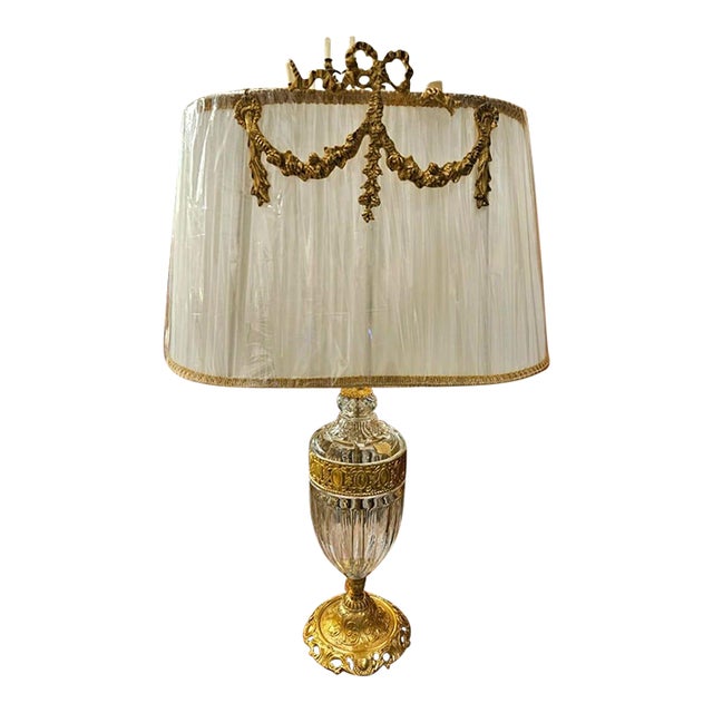 French Empire Crystal Table Lamp – Cut Glass & Gilded Bronze With Pleated Shade For Sale
