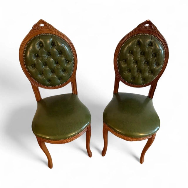 Louis XVI Style Green Leather Chairs, Set of 2 For Sale - Image 5 of 7