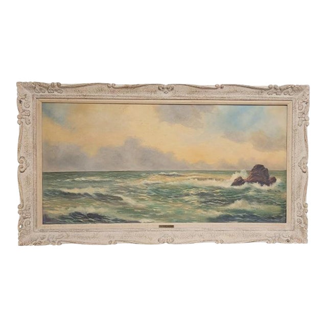Large Seascape 1950s Oil Painting Signed For Sale