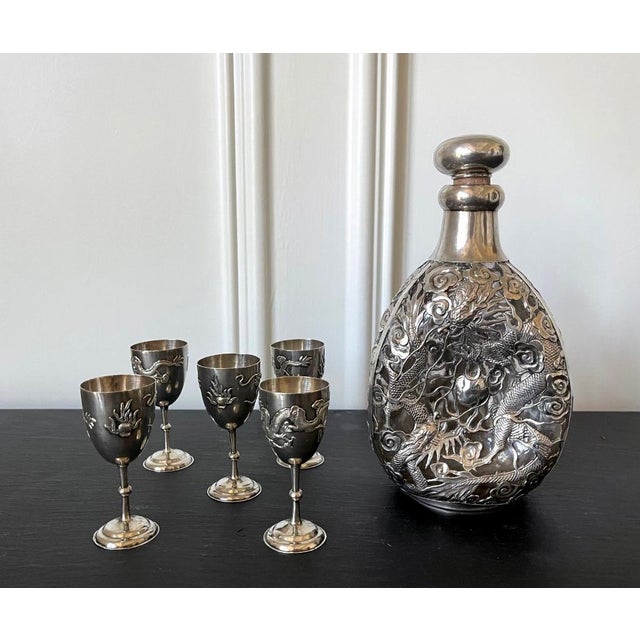 Chinese Set of Chinese Export Silver Overlay Bottle with Five Cordials Tianjin Wuhua For Sale - Image 3 of 15