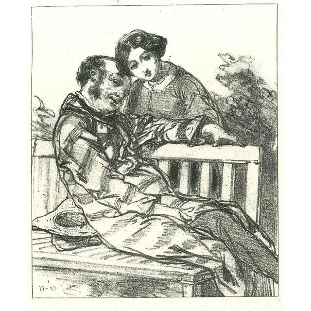 Gentle Fondness is an original lithograph artwork on ivory-colored paper, realized by the French draftsman Paul Gavarni...