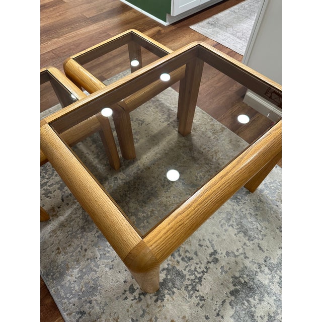 1960s Danish Modern Trioh Møbler Style Solid Oak Side Tables (3) With Rounded Edges & Glass Top For Sale - Image 5 of 5