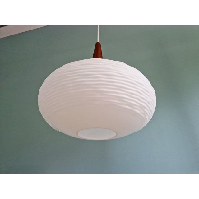 Vintage Pendant Light in White Opaline and Teak, 1960 For Sale - Image 10 of 12