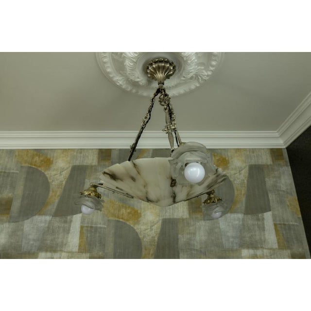 Black Art Deco French Alabaster and Frosted Glass Four-Light Chandelier, 1920s For Sale - Image 8 of 18