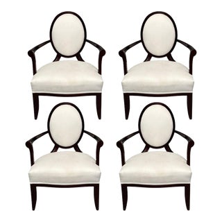 Barbara Barry, Baker Furniture, Art Deco, Armchairs, Mahogany, White Fabric For Sale