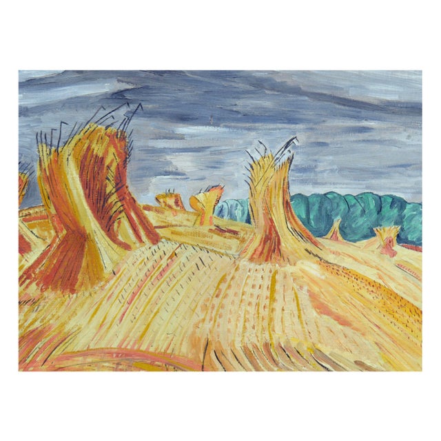 Wonderful landscape of wheat sheaves with modernist vibe by Eleanor Walls Plau (Plaw) (American, 1878-1954).Wood frame....