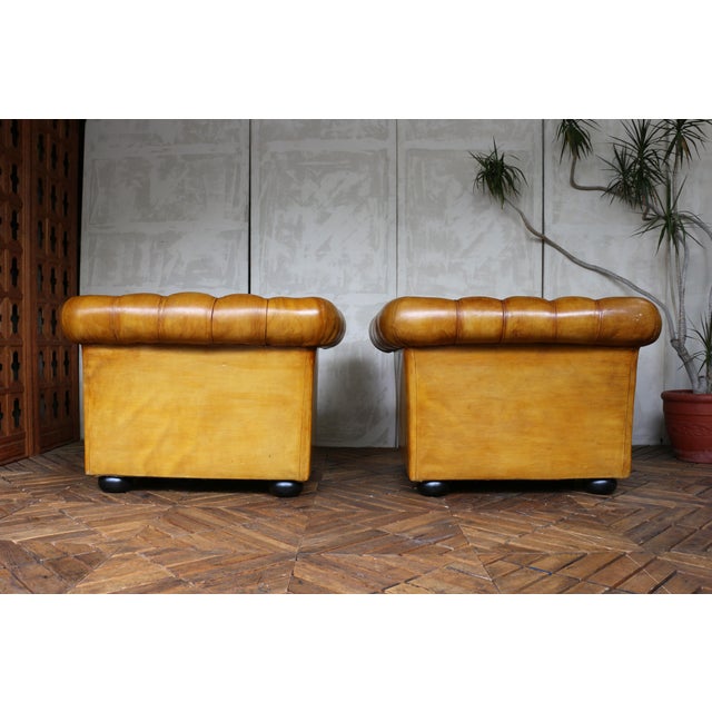 Brown Vintage Pair of Brown Honey Leather Chesterfield Club Chairs — England, Circa 1950 For Sale - Image 8 of 18