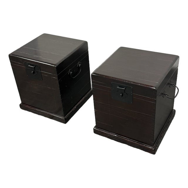 Pottery Barn Emmett Zen Brown Trunk Side Tables, Pair For Sale
