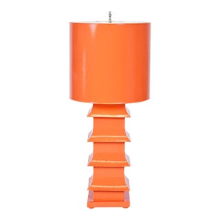 Matthew Izzo Home Handpainted Wide Pagoda Tole Table Lamp in Orange With Handpainted Metal Shade For Sale