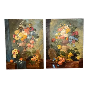 19th- C. Large Scale French Still Life Oil Paintings Depicting Florals , Roses, Fruit, Urns, Chest,